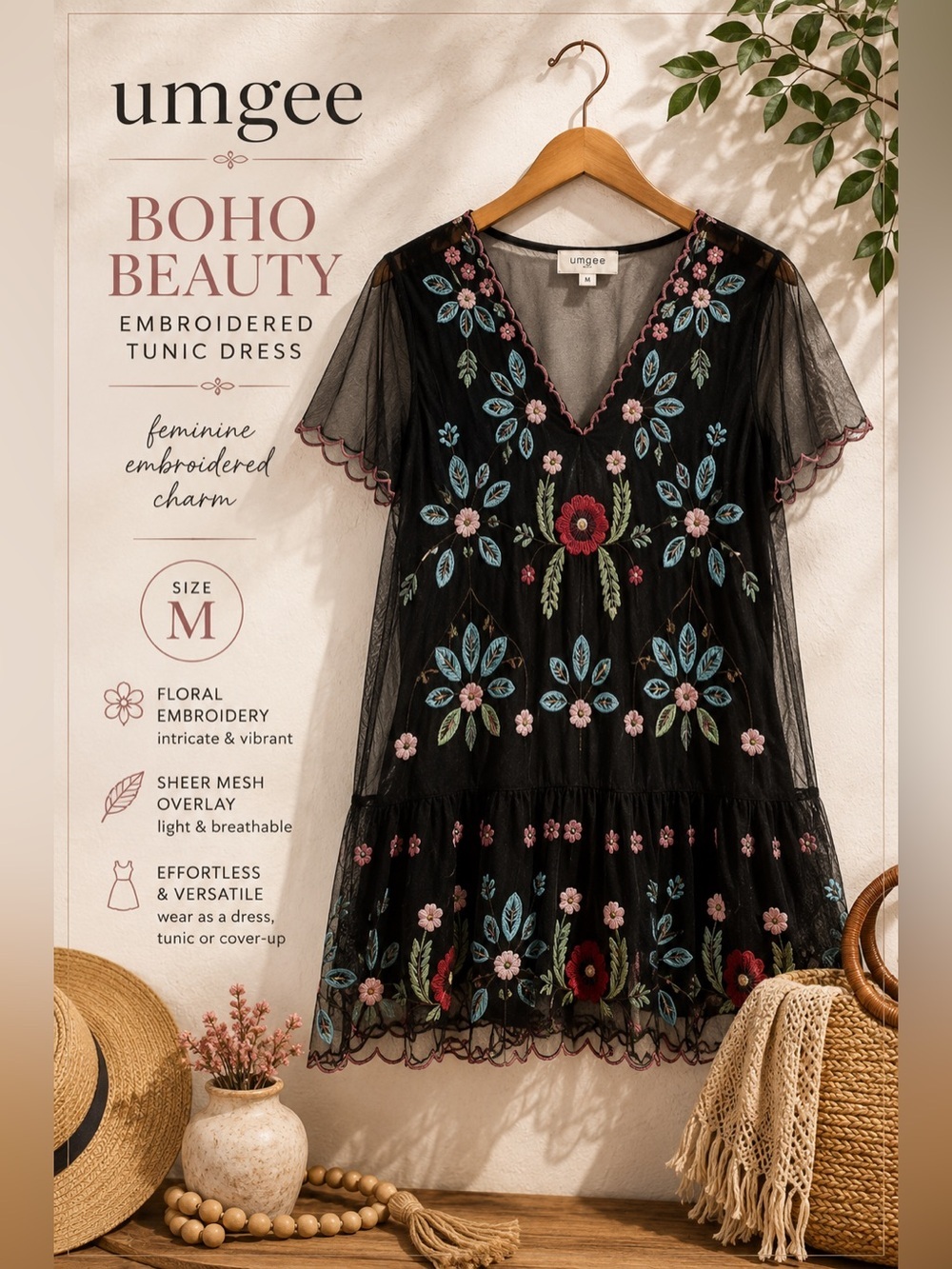 umgee boho dress | Dresses | Umgee Black Floral Embroidered Sheer Mesh Tunic Size M Midi dress NOBO LS BLACK CELESTIAL party_campaign and soft flutter sleeves Color:WashedBlue
